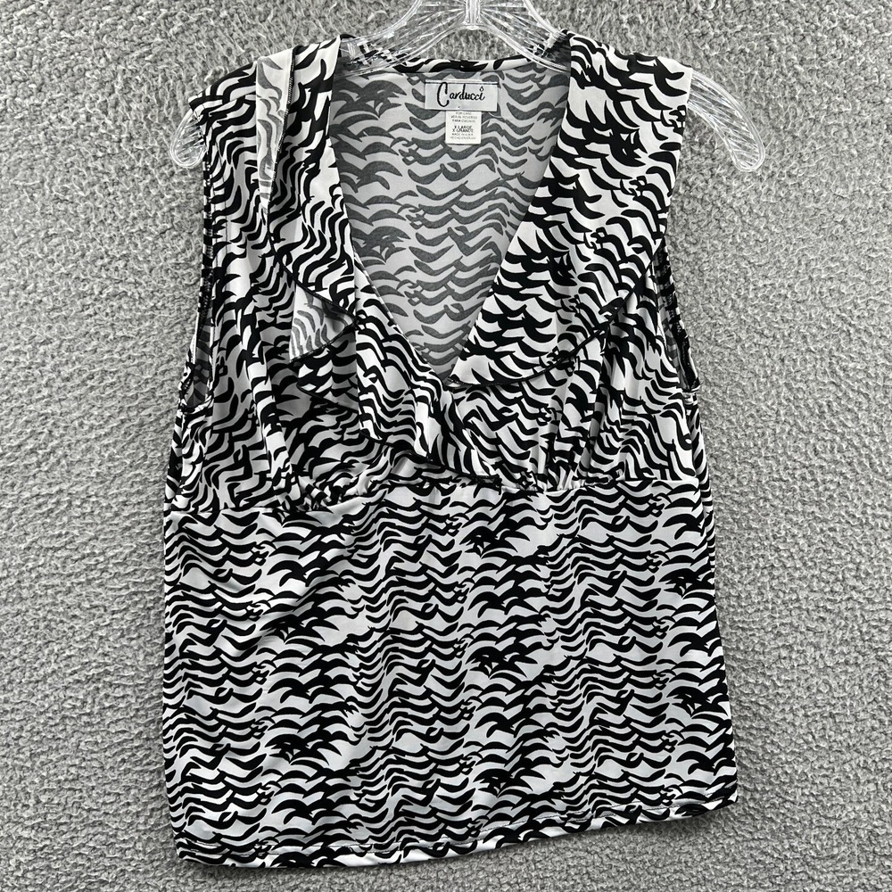 Women Artsy Abstract Wave Print Sleeveless Top XL Minimalist Ruffle Modern Retro